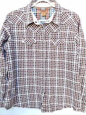 Wrangler Women’s Western Snap Shirt Plaid Brown Blue Cotton Cowgirl Size Large